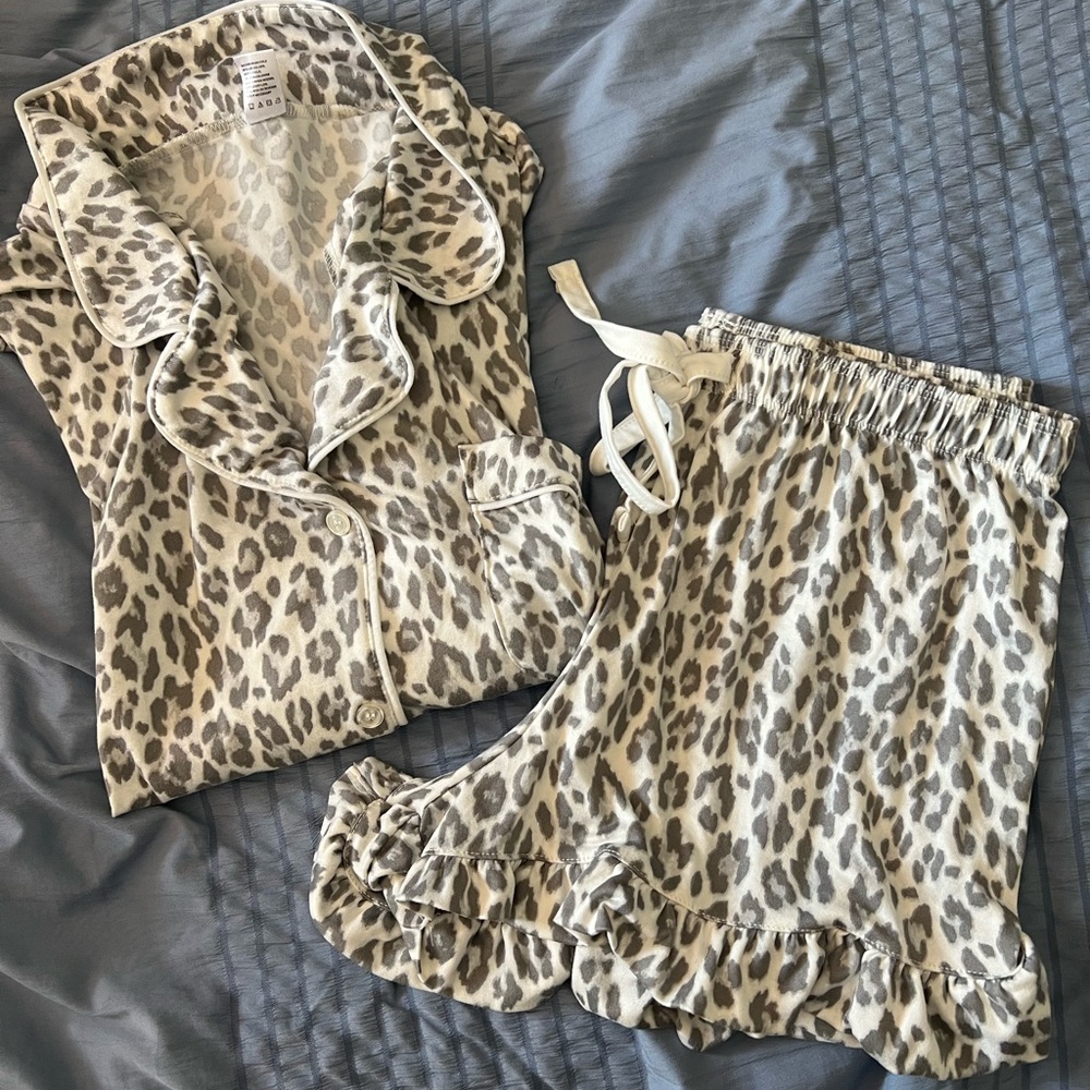 Leopard Print Ruffle Short Sleep Set - White & Gray size L/XL